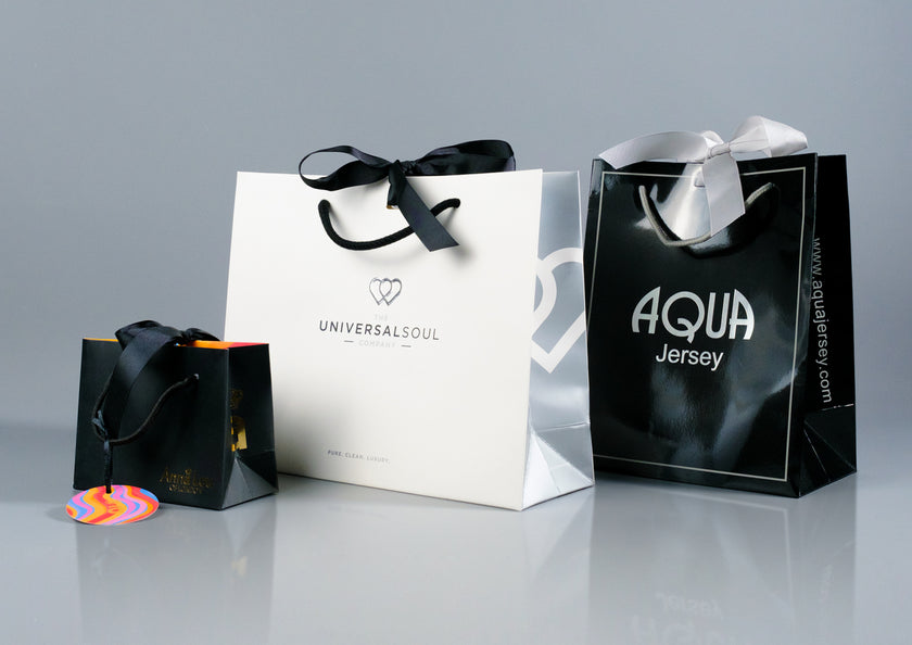 Hot foil branded rope handle gift bag for boutique packaging