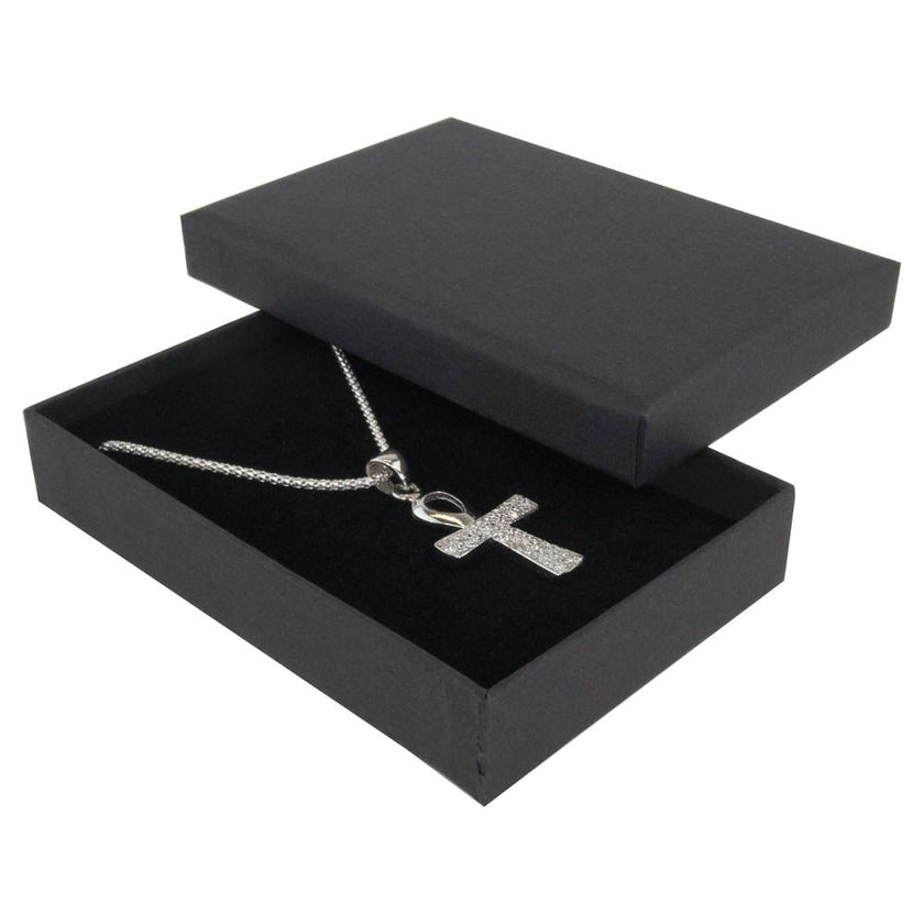 Black rectangle recyclable eco kraft box with jewellery item.