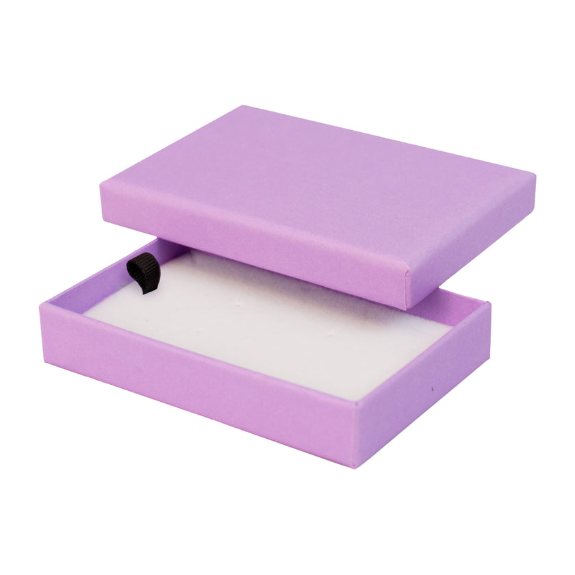 Lilac rectangle recyclable eco kraft box with white insert.