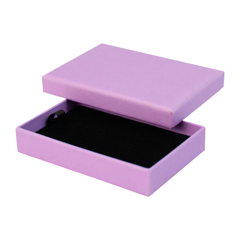 Lilac rectangle recyclable eco kraft box with black insert.