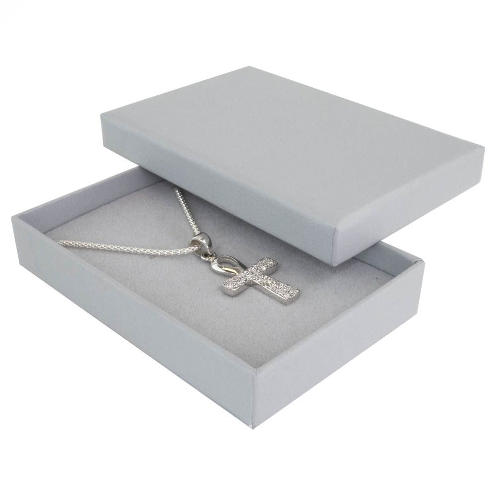 Grey rectangle recyclable eco kraft box with jewellery item.