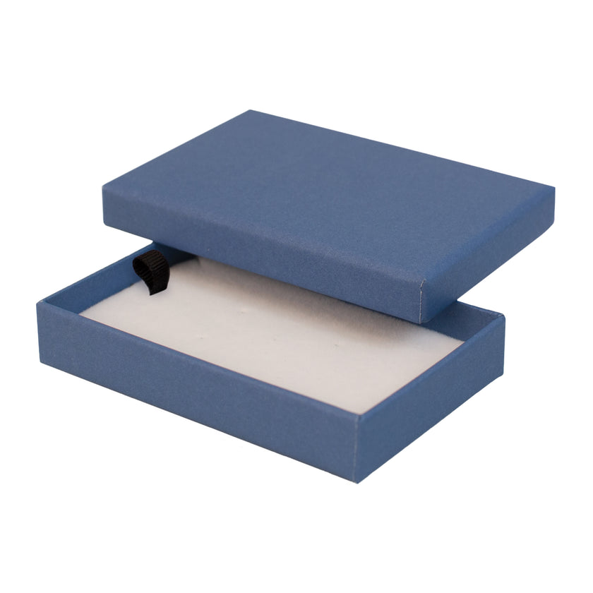 Blue rectangle recyclable eco kraft box with white insert.