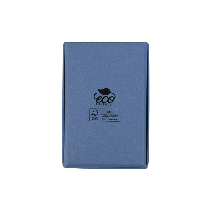 Blue rectangle recyclable eco kraft box with FSC logo.