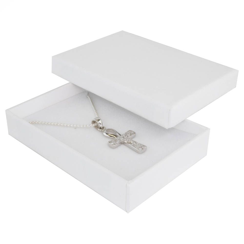 White rectangle recyclable eco kraft box with jewellery item.
