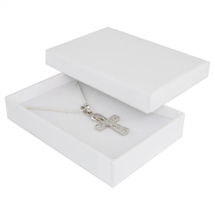 White rectangle recyclable eco kraft box with jewellery item.