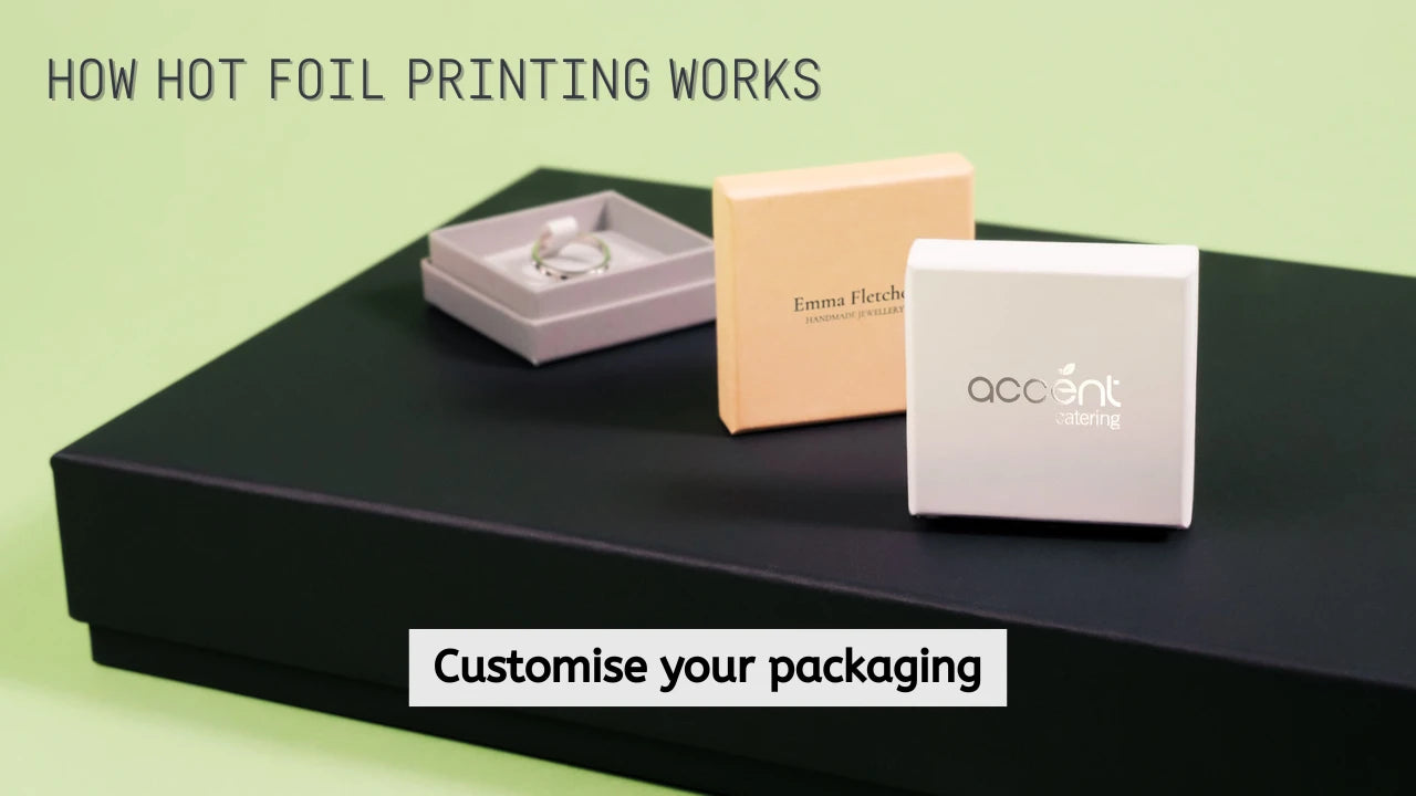 Three boxes with hot foil printed logos above the tagline - customise your packaging