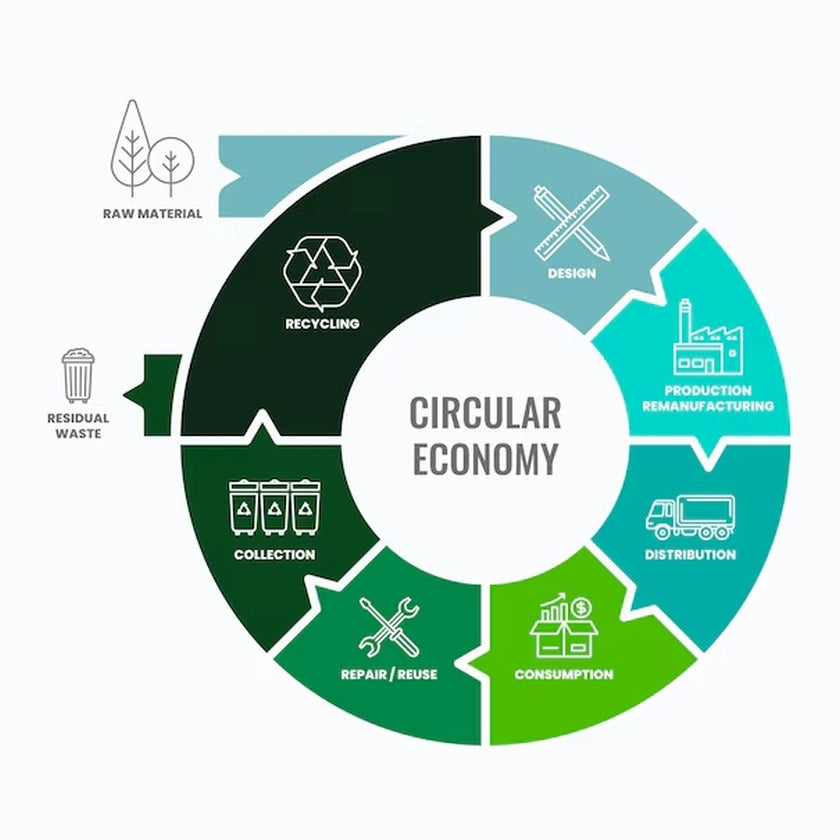 Circular economy diagram illustrating a loop with stages: raw material, design, production, distribution, consumption, repair, collection, and recycling.
