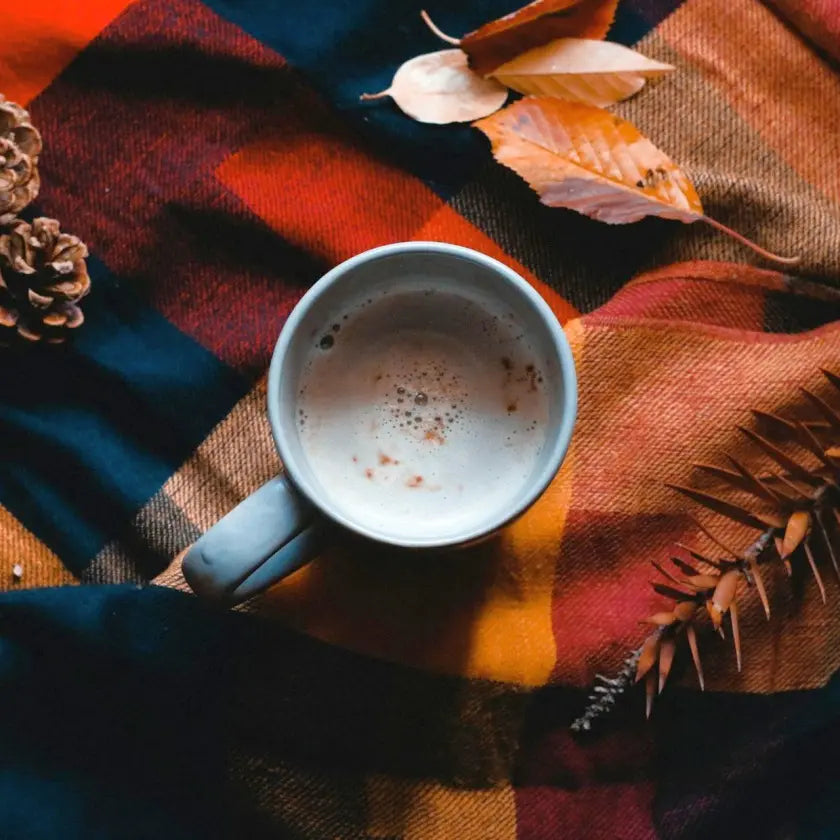 A cosy scene with a steaming coffee cup on a colourful plaid blanket. Surrounding it are autumn leaves and pinecones, evoking a warm, autumnal mood.