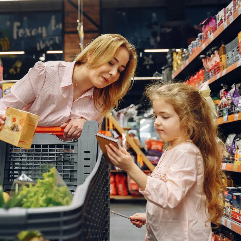 A woman and a young girl are shopping in a supermarket aisle, examining a product. The cart is filled with various items. The scene is warm and focused.