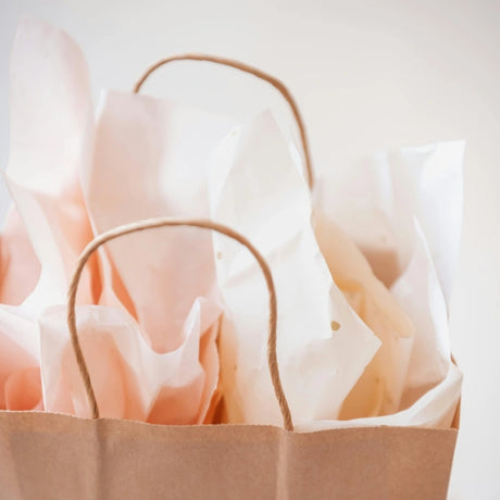 Brown paper shopping bag with twisted handles, filled with softly crumpled pale pink and white tissue paper. The image conveys a sense of gift-giving.