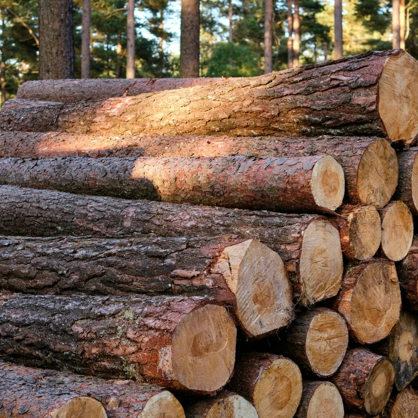 Stacked logs with rough bark and smooth cut ends rest in a sunlit forest, creating a rustic, serene atmosphere among tall pine trees.