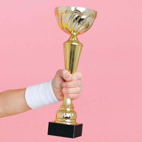A trophy being held up in the air, in front of a pink background.