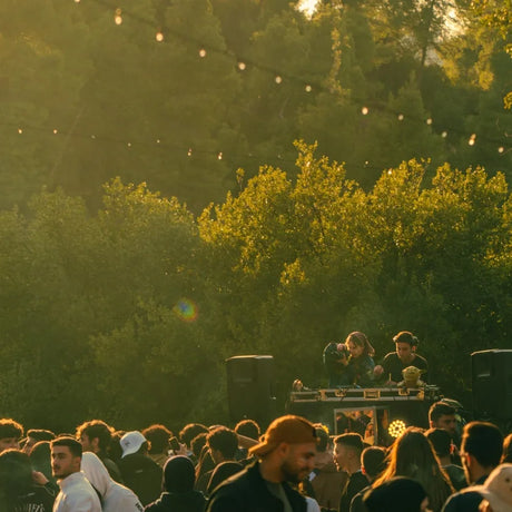 A lively outdoor music festival with a crowd enjoying a DJ set. The scene is bathed in warm sunlight, surrounded by lush green trees, creating a vibrant atmosphere.