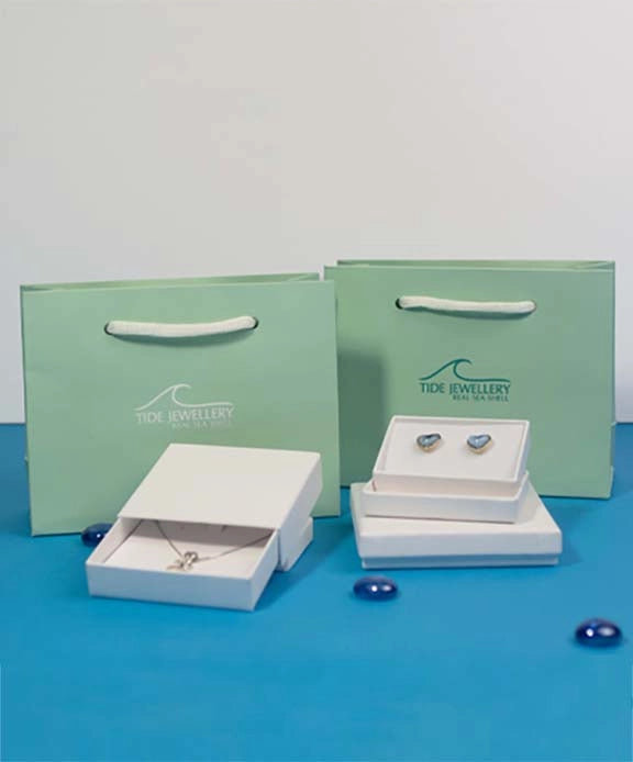 A simple mint green paper gift bag with rope handles displayed with a blue backdrop, highlighting its elegance