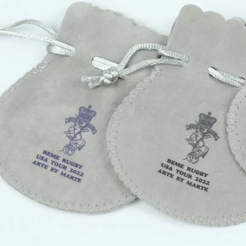 Grey luxury velvet gift pouches with digital printing