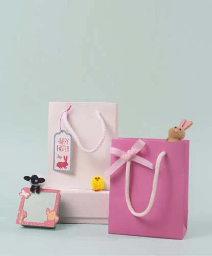Two gift bags, one pink with a bow and one white with a 