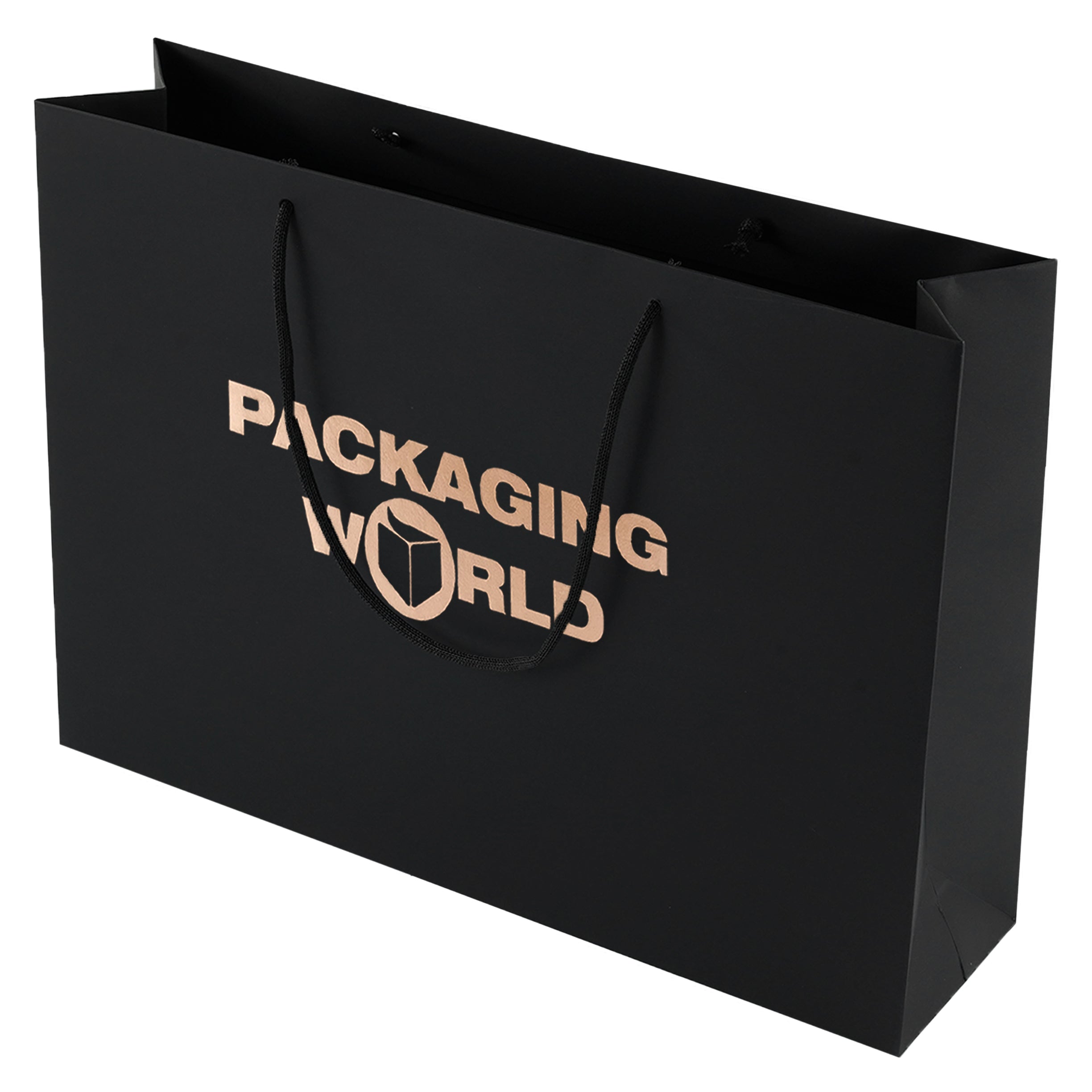 Black paper bag with 'Packaging World' logo on a white background