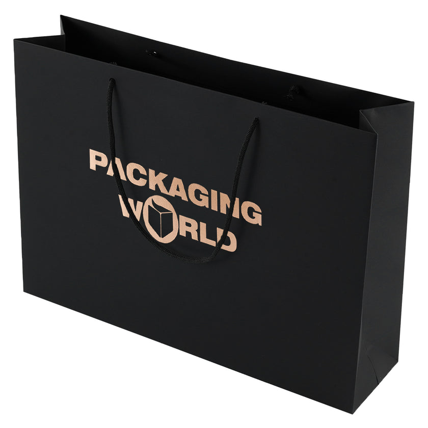 Black paper bag with 'Packaging World' logo on a white background