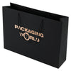 Black paper bag with 'Packaging World' logo on a white background