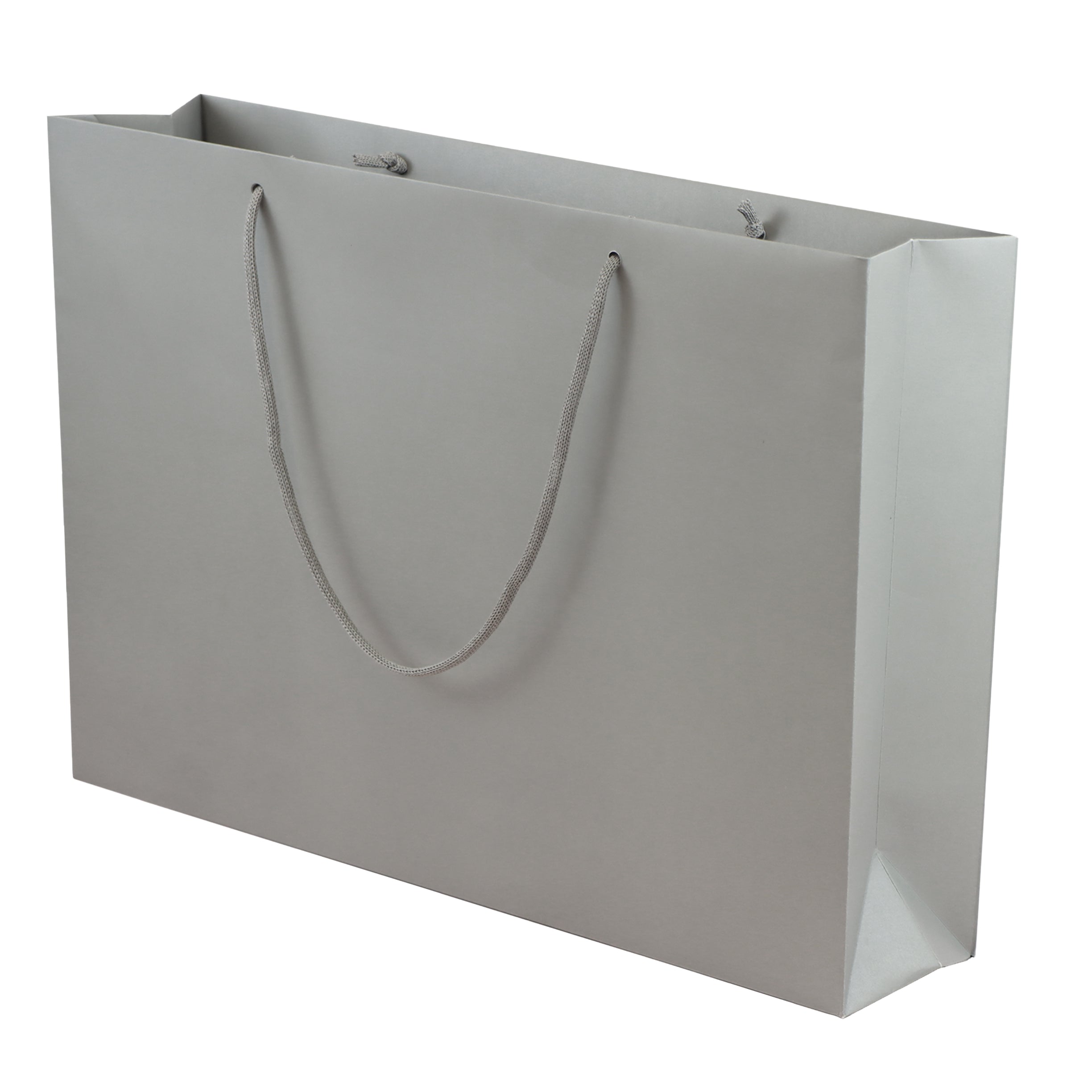 Grey eco-friendly paper gift bag with braided rope handles.