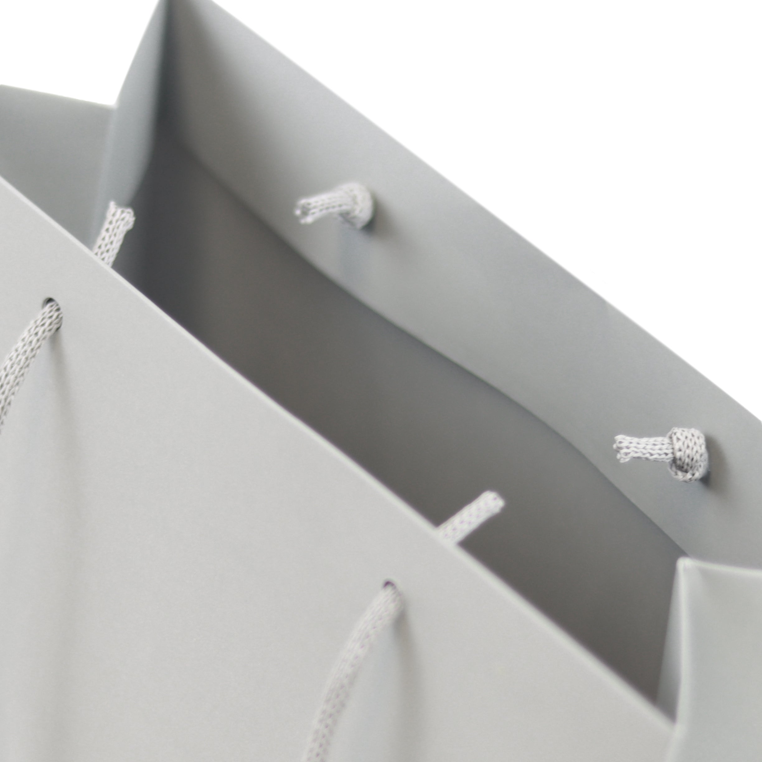 Grey eco-friendly paper gift bag with braided rope handles.