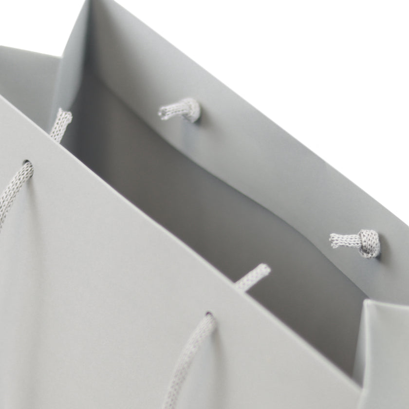 Grey eco-friendly paper gift bag with braided rope handles.