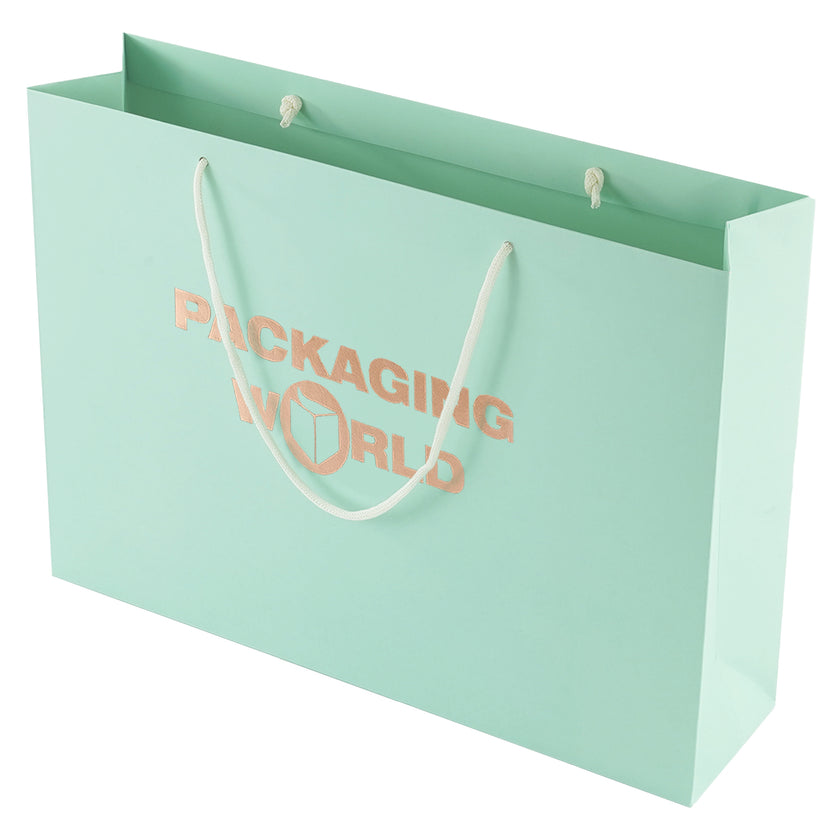 Green paper bag with 'Packaging World' text and logo on a white background