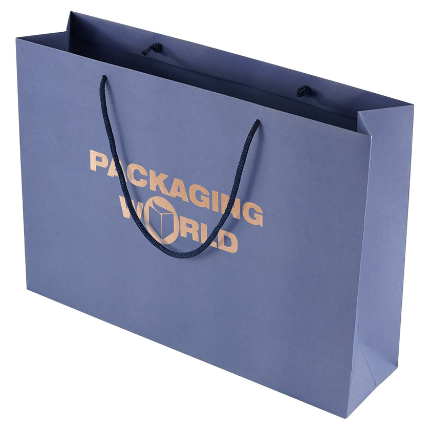 Blue paper bag with 'Packaging World' text and logo on a white background