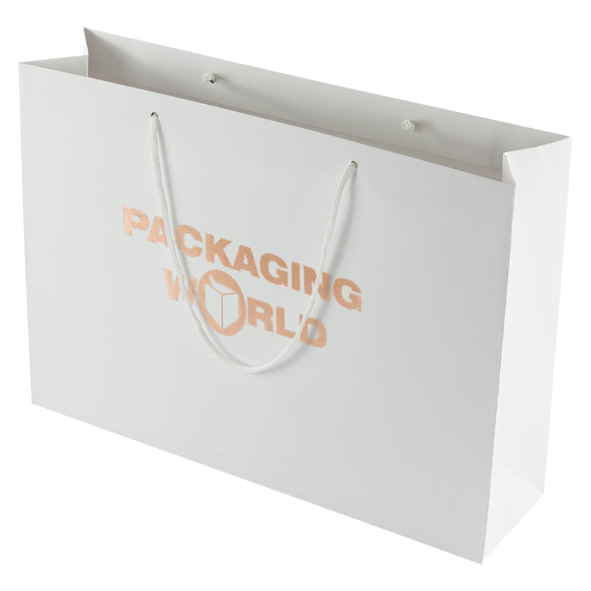 White paper bag with 'Packaging World' logo on a white background