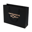 Black paper bag with 'Packaging World' text on a white background