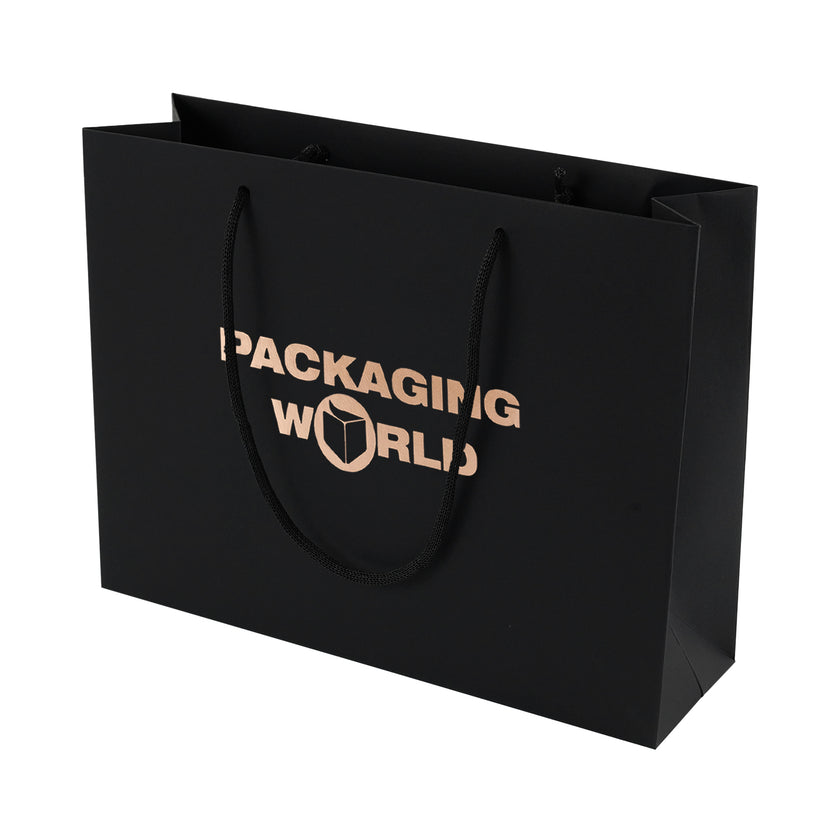 Black paper bag with 'Packaging World' text on a white background