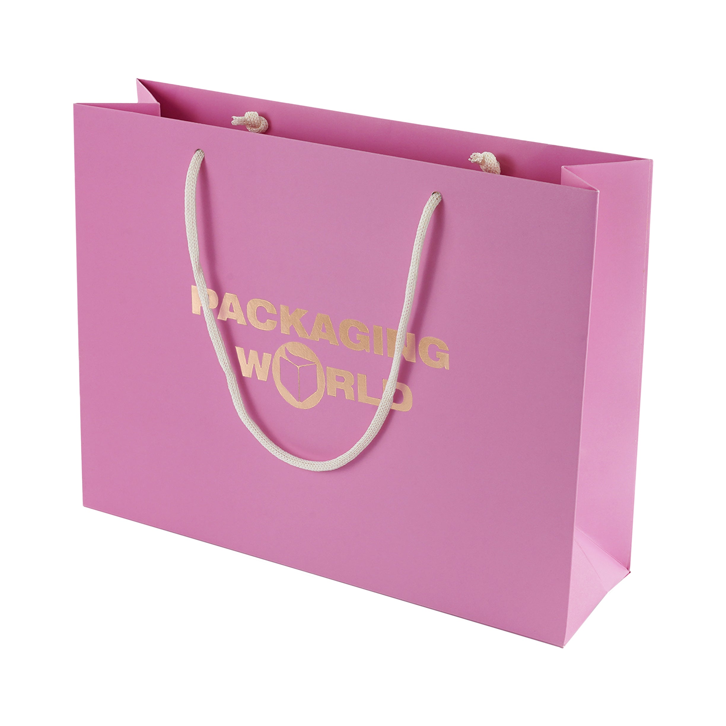 Pink paper bag with 'Packaging World' text on a white background