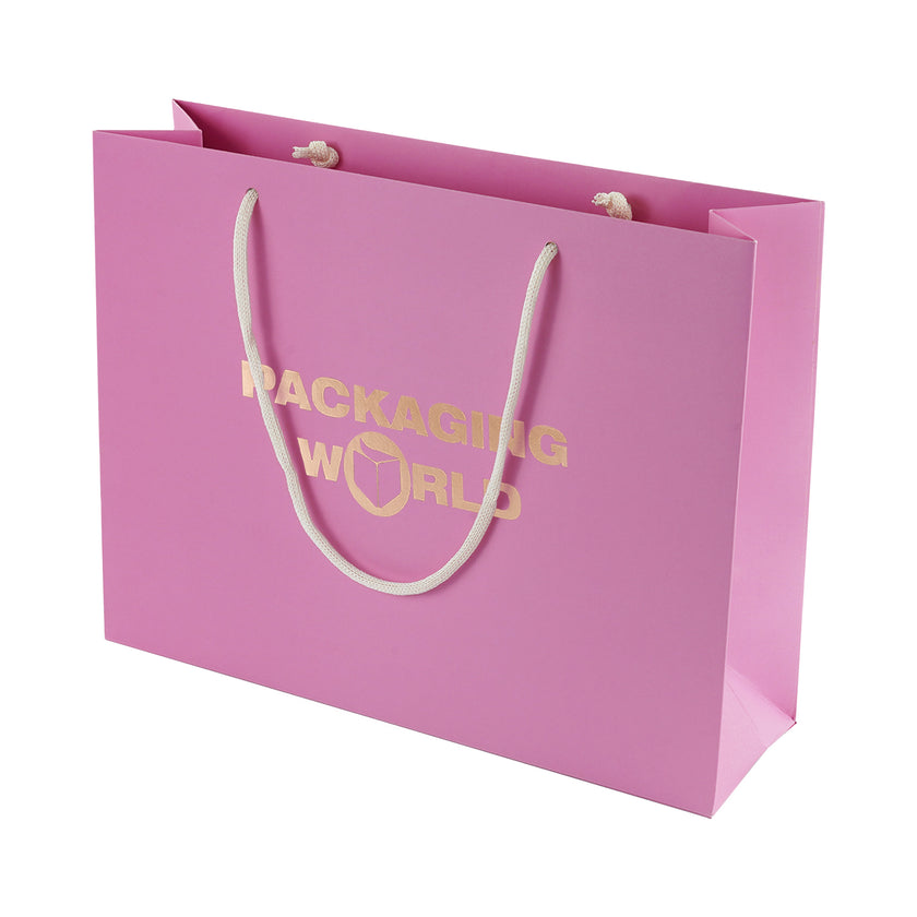 Pink paper bag with 'Packaging World' text on a white background