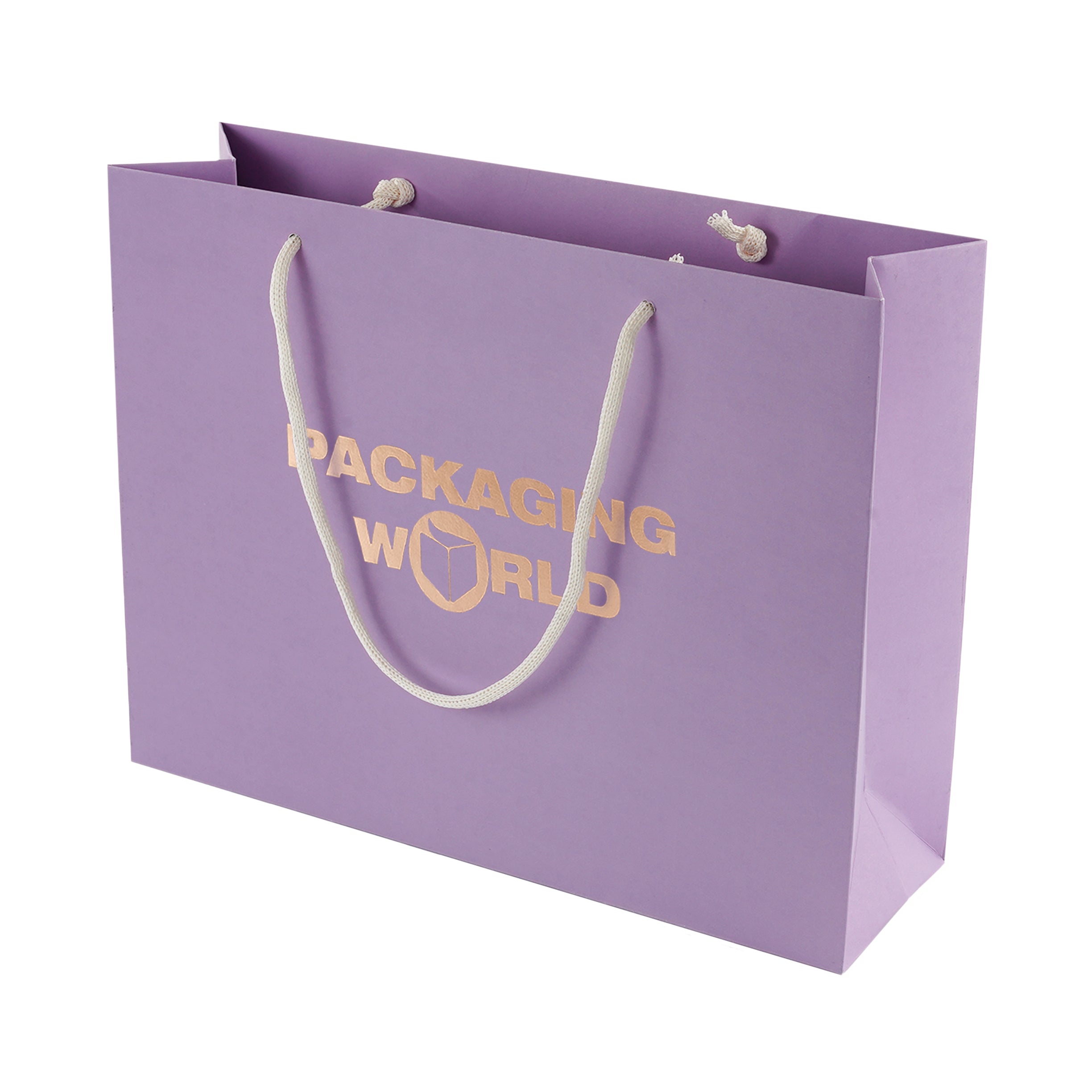 Purple paper bag with 'Packaging World' text and white handles on a white background