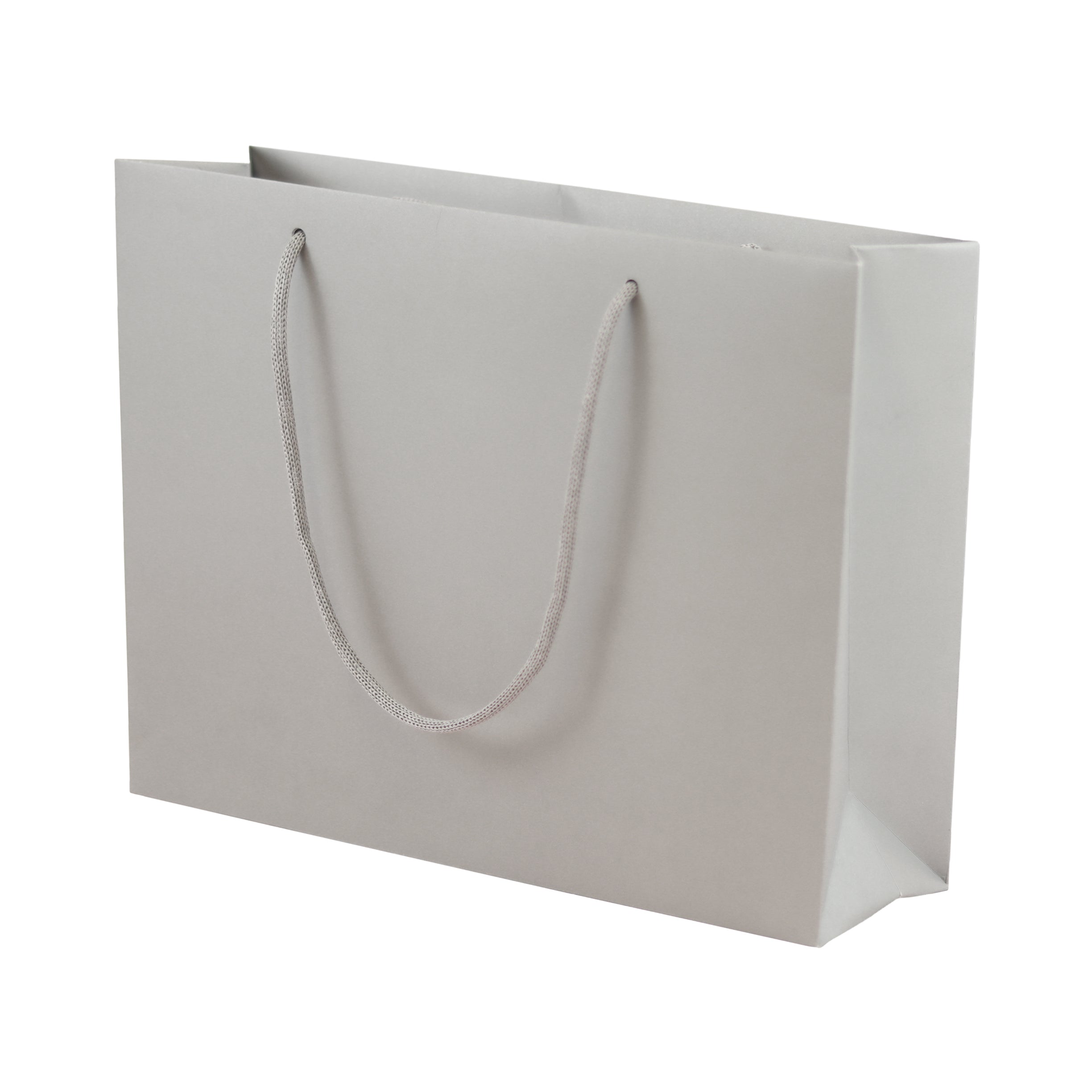 Grey eco-friendly paper gift bag with braided rope handles.