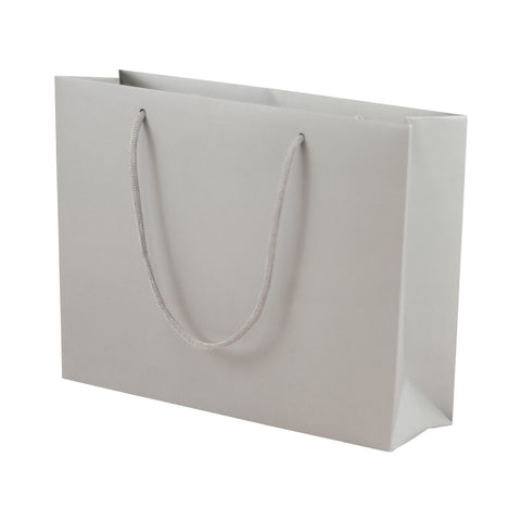 Grey eco-friendly paper gift bag with braided rope handles.