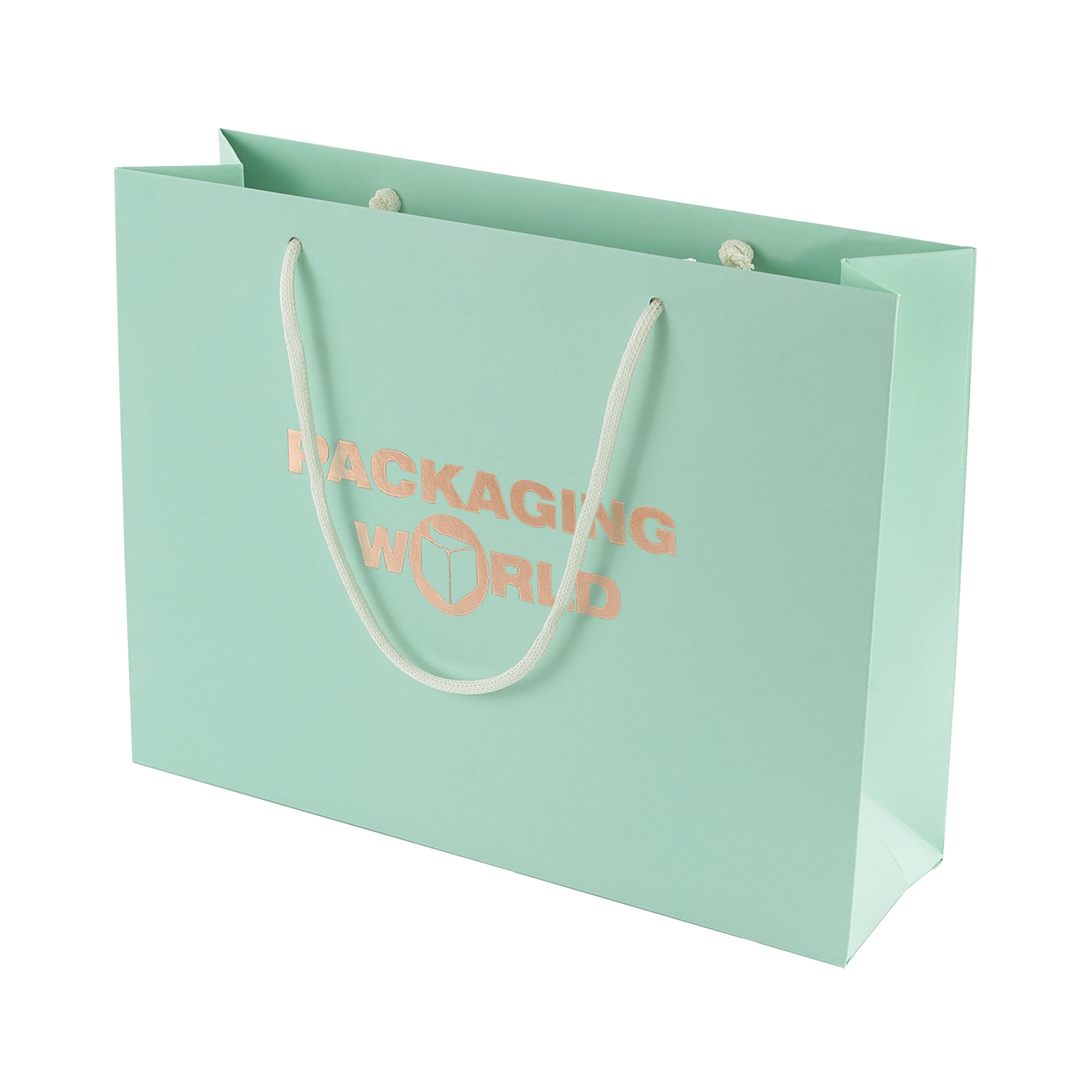 Green paper bag with 'Packaging World' text on a white background
