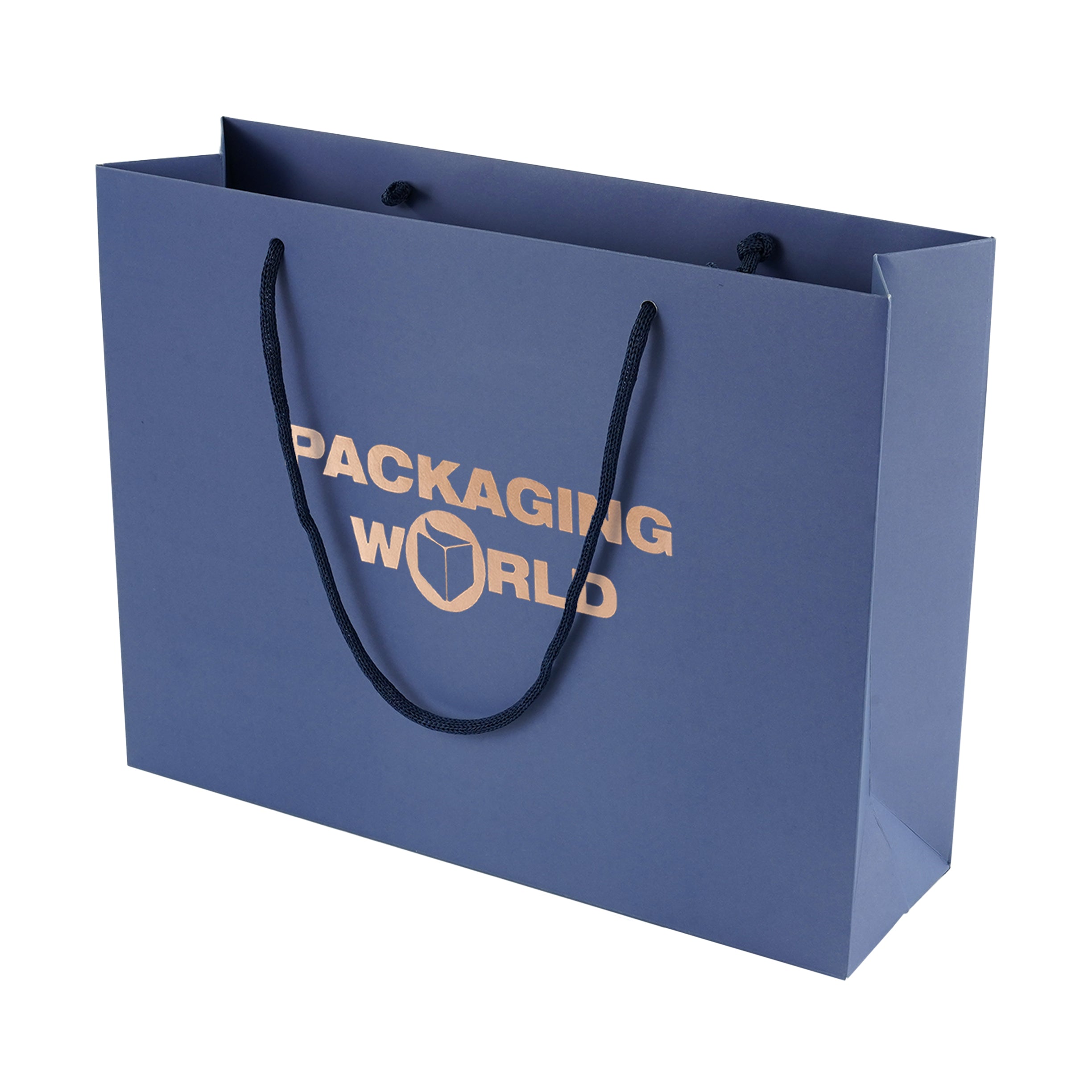 Blue paper bag with 'Packaging World' text on a white background