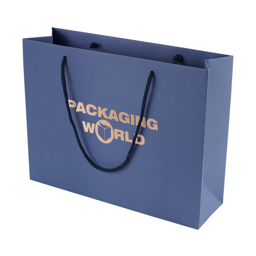 Blue paper bag with 'Packaging World' text on a white background