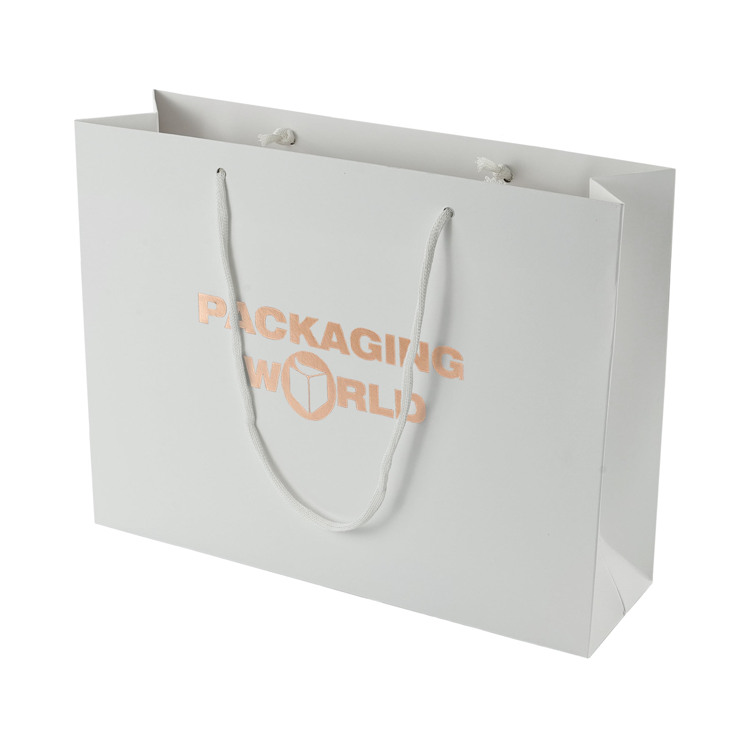 White paper bag with 'Packaging World' logo on a white background