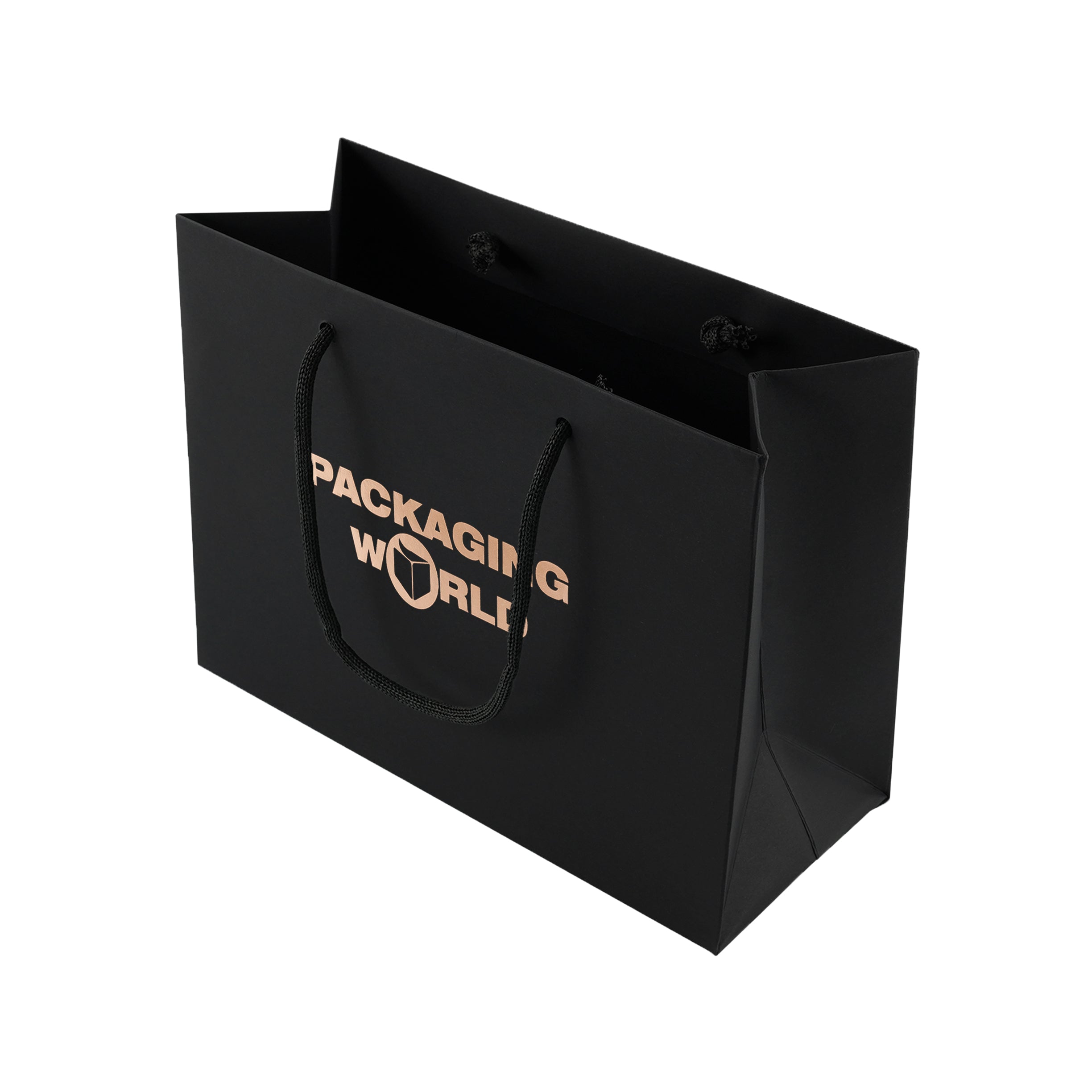 Black paper bag with 'Packaging World' text on a white background