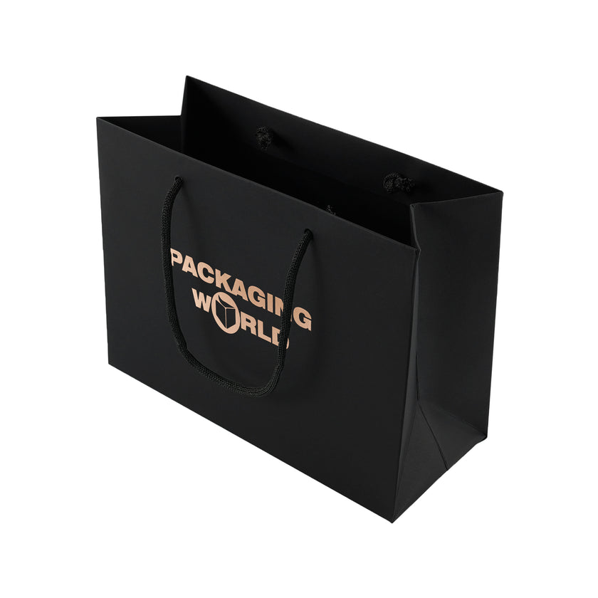 Black paper bag with 'Packaging World' text on a white background