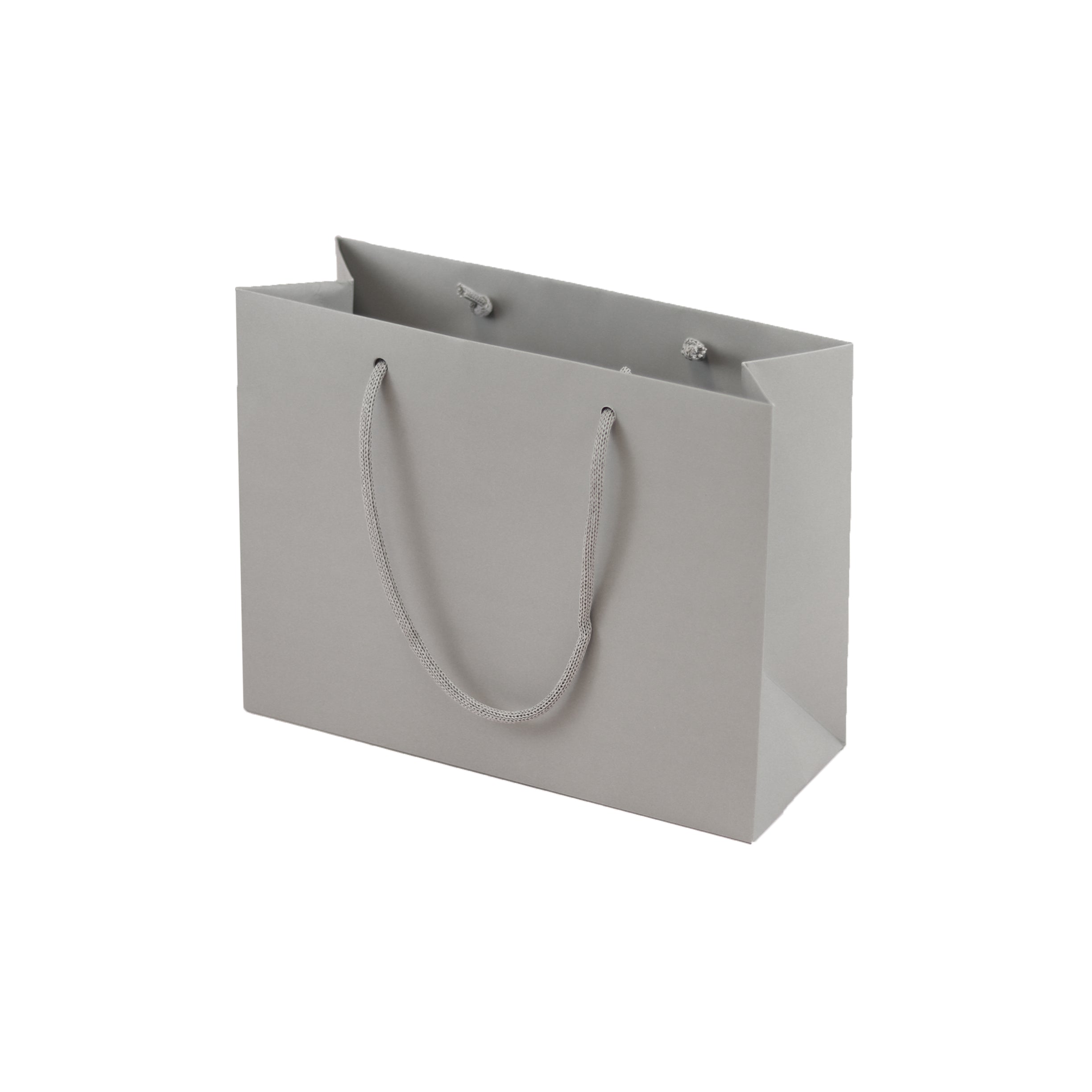Grey eco-friendly paper gift bag with braided rope handles.