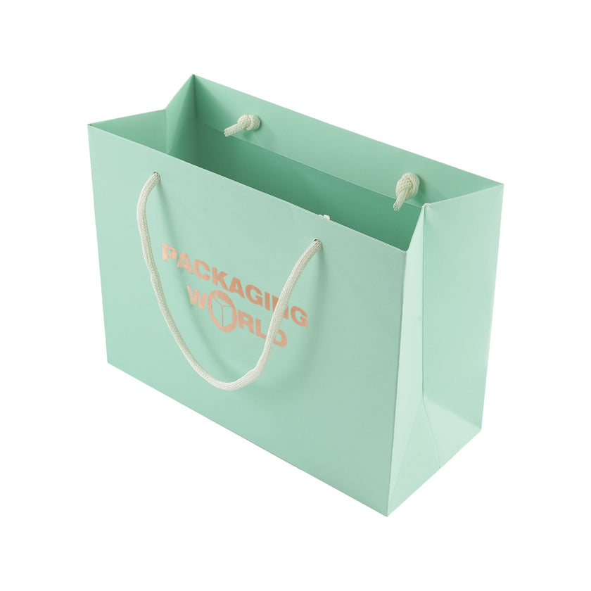 Green paper bag with 'Packaging World' logo on a white background