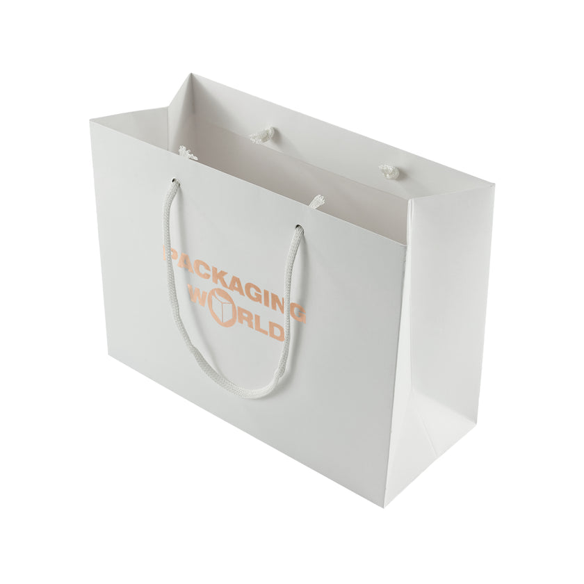 White paper bag with 'Packaging World' logo on a white background