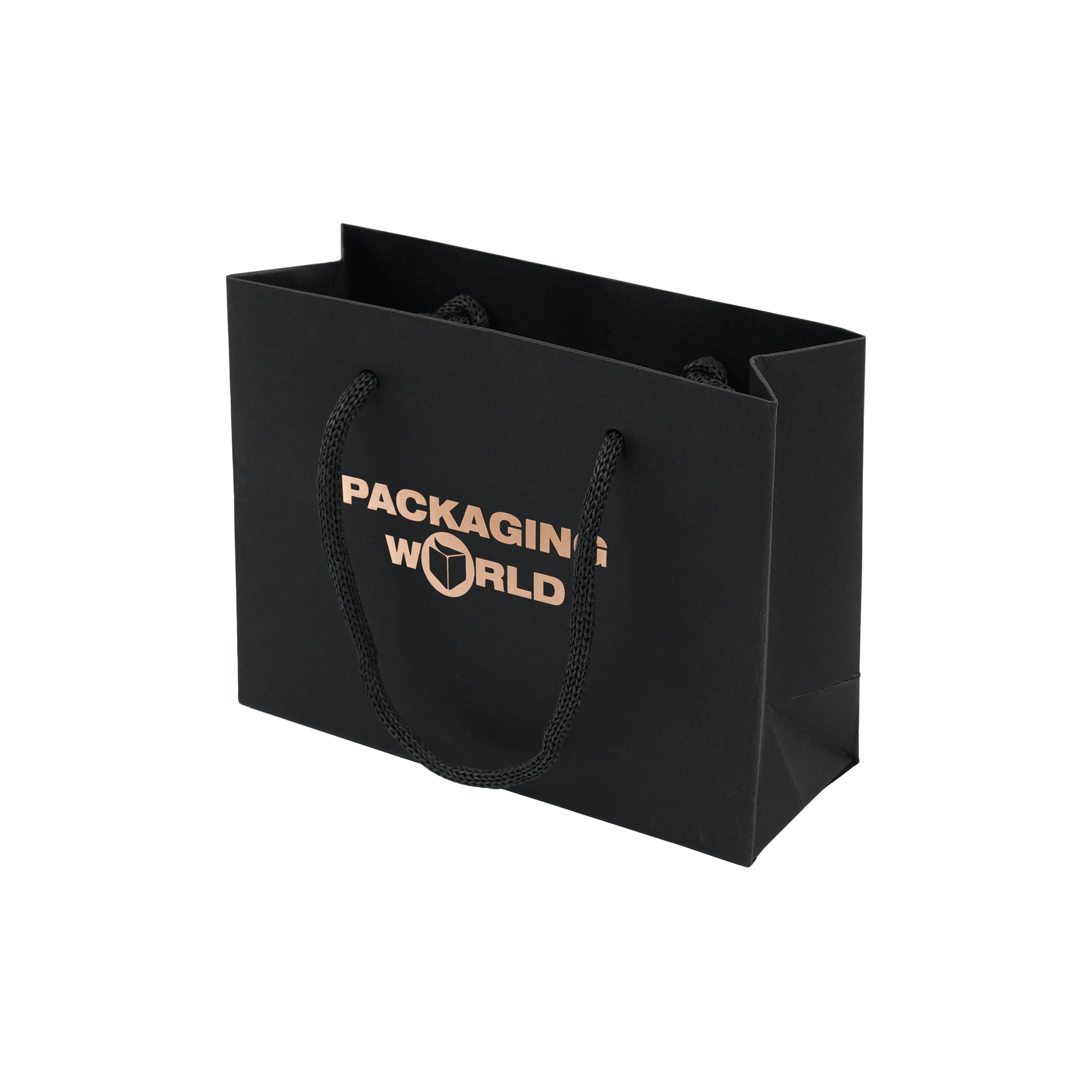 Black paper bag with 'Packaging World' logo on a white background