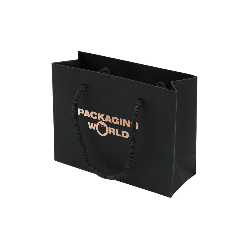 Black paper bag with 'Packaging World' logo on a white background