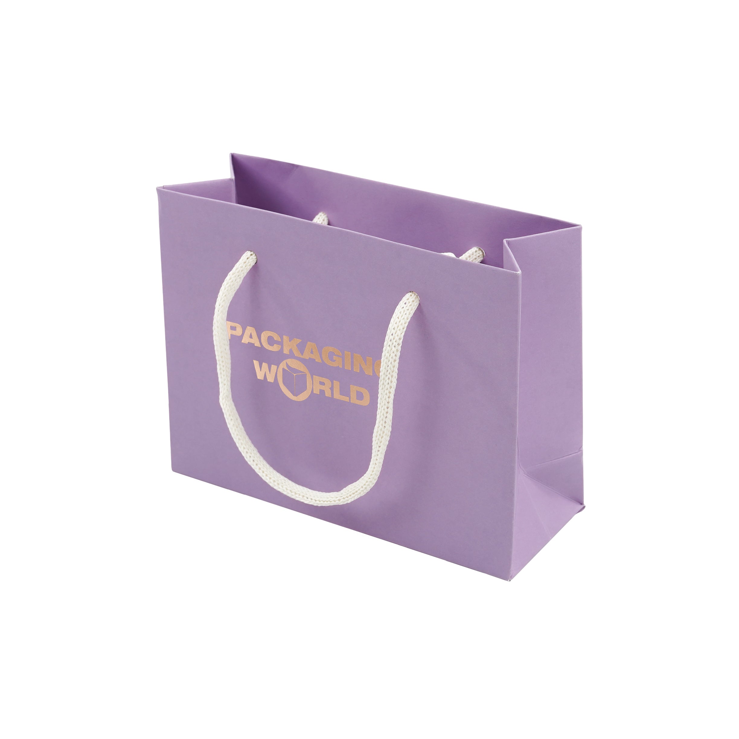 Purple paper bag with 'Packaging World' logo on a white background