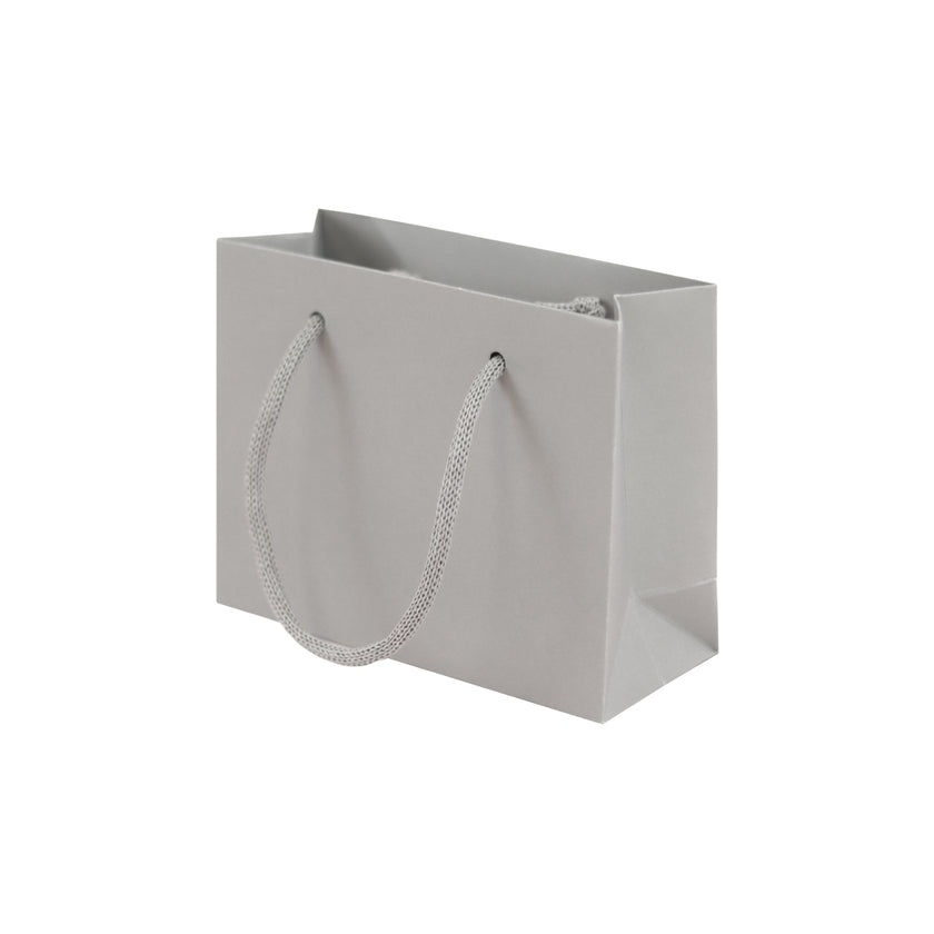 Grey eco-friendly paper gift bag with braided rope handles.