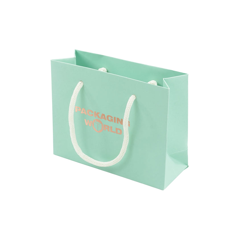 Green paper bag with 'Packaging World' logo on a white background